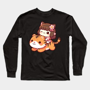 Cute Japanese Cat Riding on A Cute Tiger Long Sleeve T-Shirt